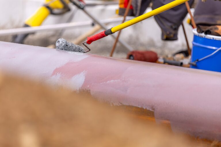 Solvent-free epoxy primer being applied on pipeline weld joint — high-solid corrosion protection coating for field joint coating