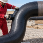 Cold-applied pipeline wrapping tape being installed on a steel pipe bend