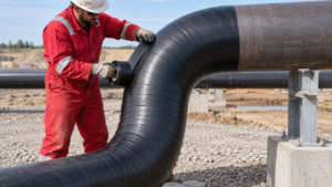Cold-applied pipeline wrapping tape being installed on a steel pipe bend