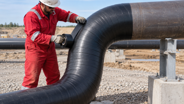 Cold-applied pipeline wrapping tape being installed on a steel pipe bend