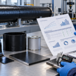 Engineer evaluating pipeline coating test reports and measuring cold-applied tape and heat-shrinkable sleeve samples in a laboratory