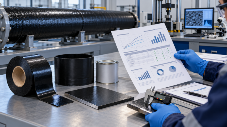 Engineer evaluating pipeline coating test reports and measuring cold-applied tape and heat-shrinkable sleeve samples in a laboratory